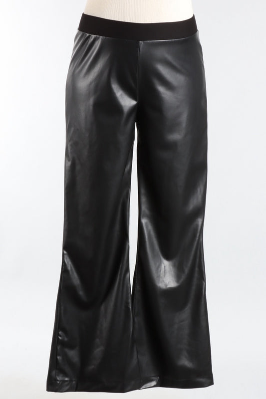 Vegan Leather Bell Bottom Pants - Black