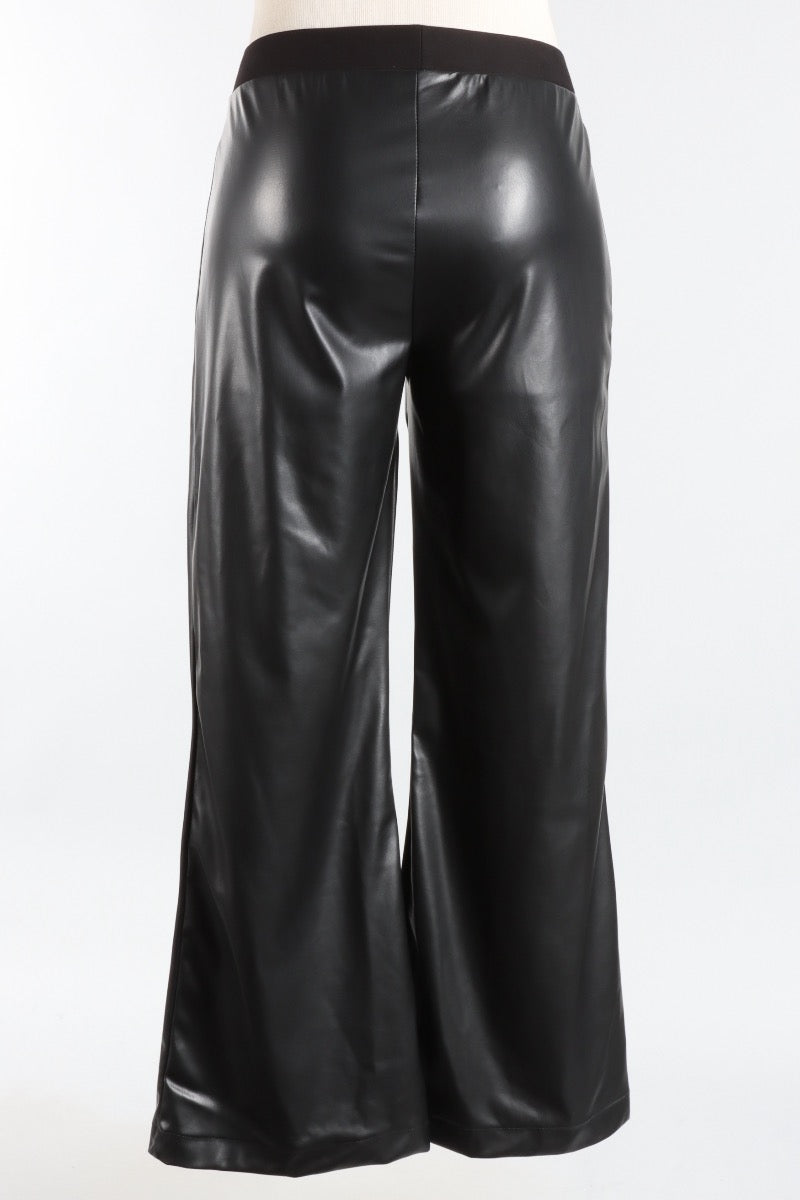 Vegan Leather Bell Bottom Pants - Black