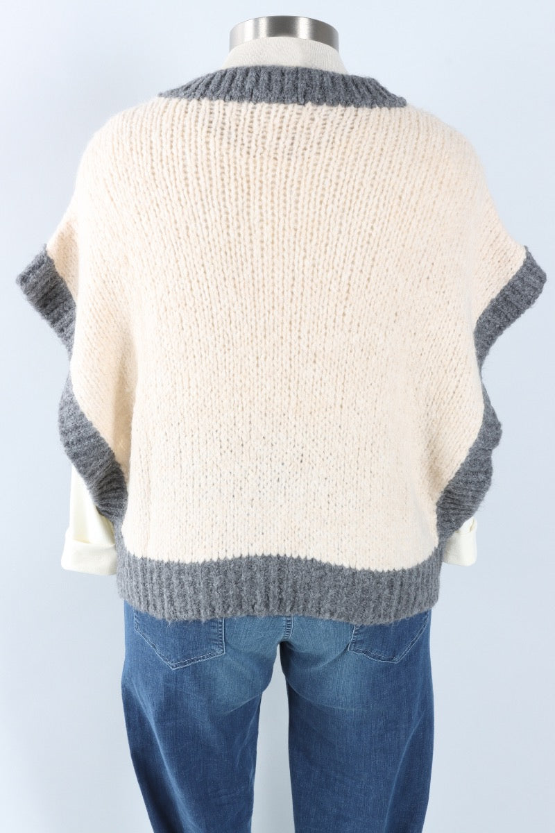 Contrast Trim Vest - Ivory & Grey