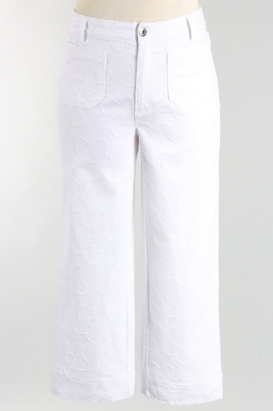 Etched Flower Crop Jean - White