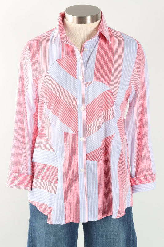 Circle Inset Blouse - Red & Blue