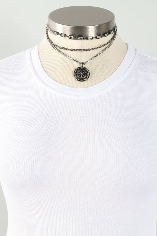 Edgy Glam Compass Necklace - Silver