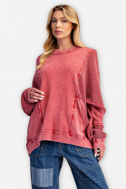 Thermal Mix Terry Pullover - Red