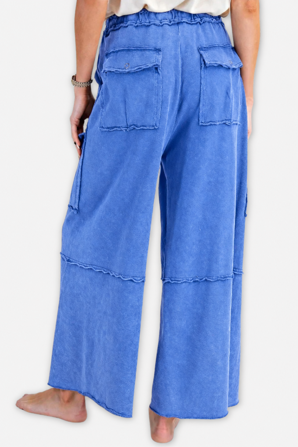 Washed Wide Leg Terry Cargo Pant - Cadet Blue