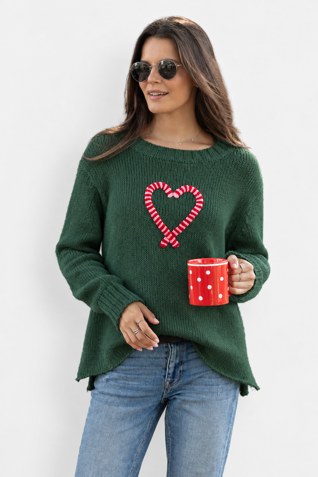 Candy Canes Heart Crew Sweater - Kale Red & Snow