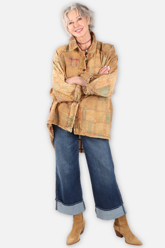 Stitched Patchwork Big Shirt - Mustard