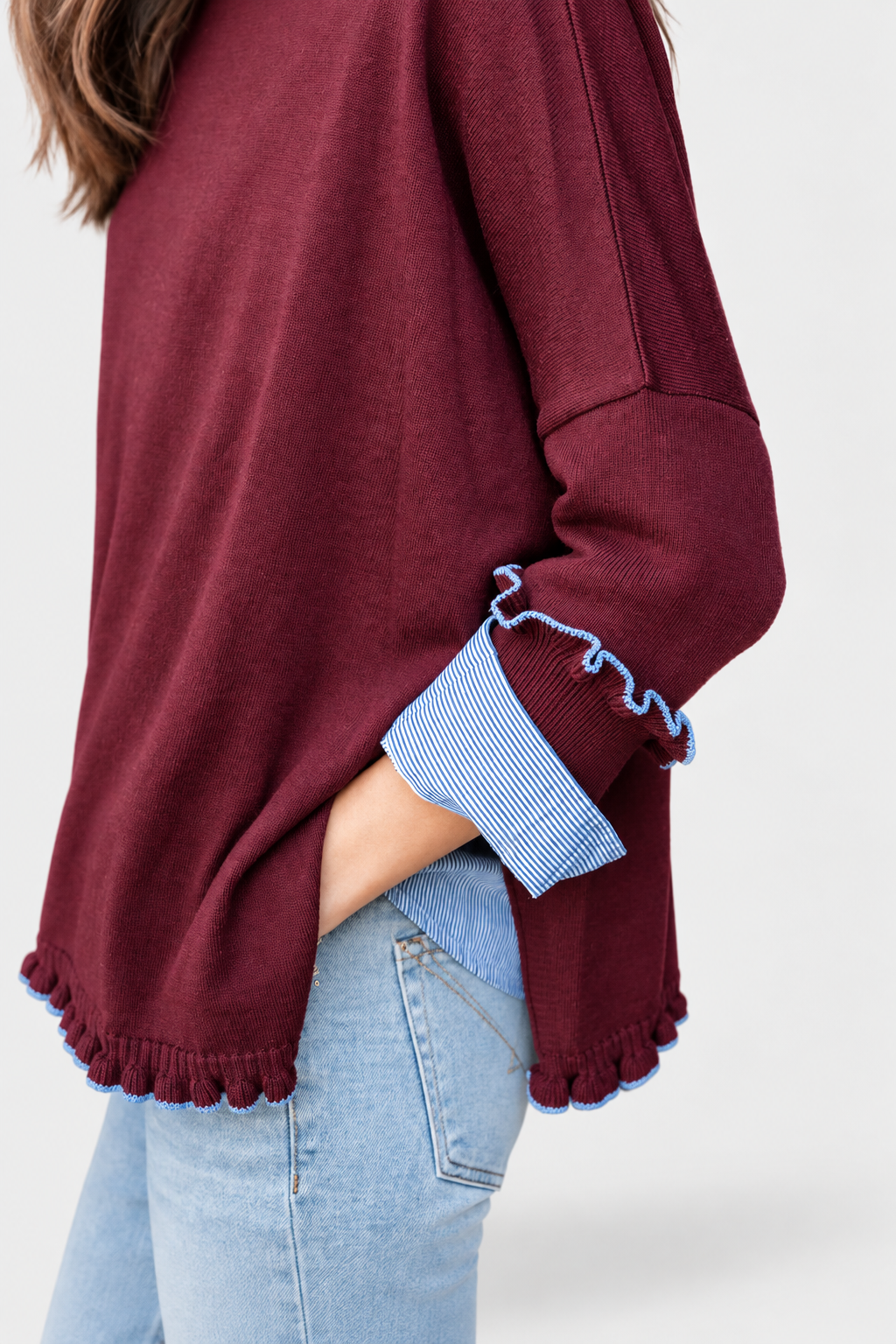 Catalina Ruffle Sweater - Burgundy & Sapphire