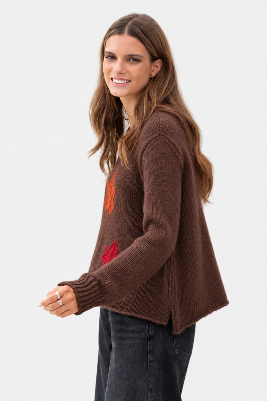 Autumn Falling Leaves Crew Sweater - Brown & Brick