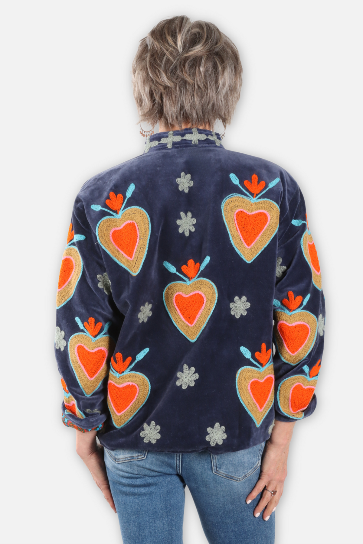 Fire Heart Embroidered Velvet Jacket - Navy