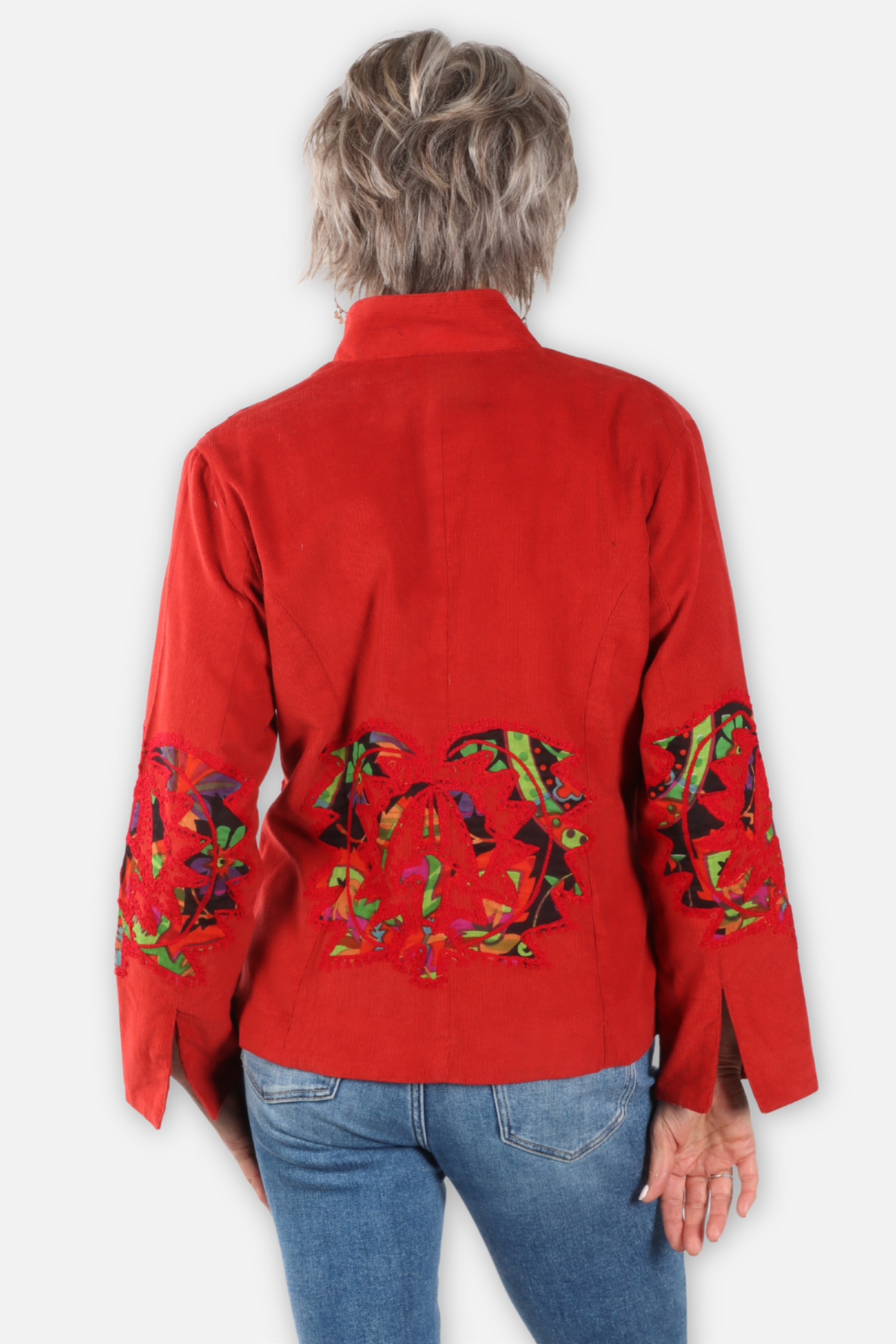Corduroy Applique Mandarin Jacket - Red