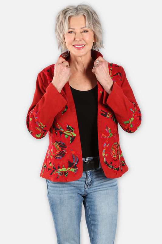 Corduroy Applique Mandarin Jacket - Red
