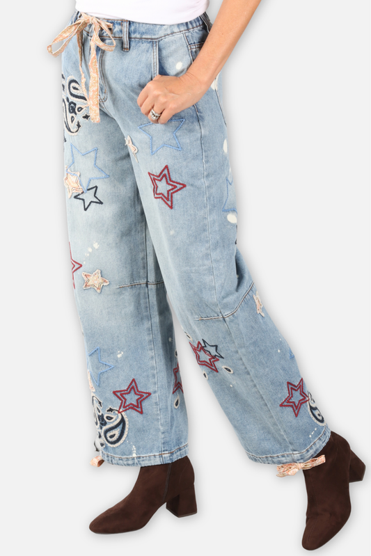 Star Embroidered Jeans - Denim