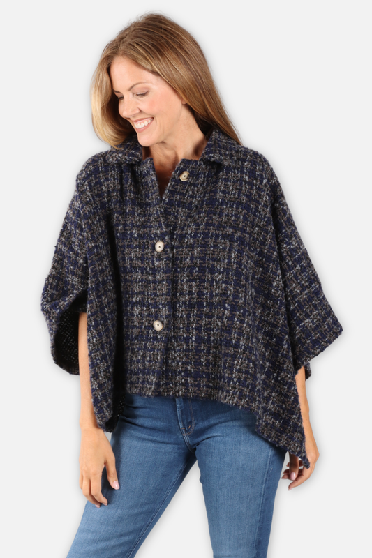Checked Knit Cape - Blue Multi