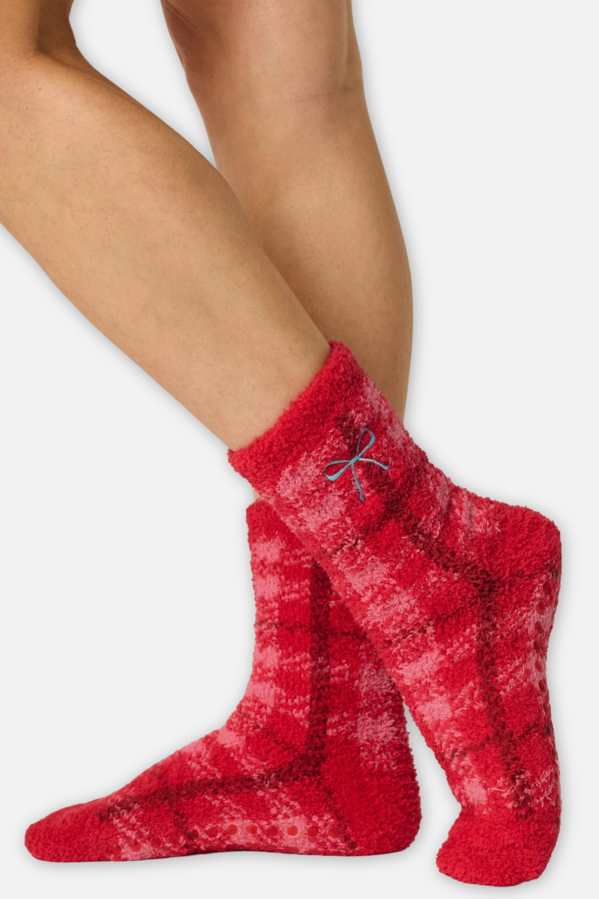 Plaid with Embroidered Bow Socks - Red
