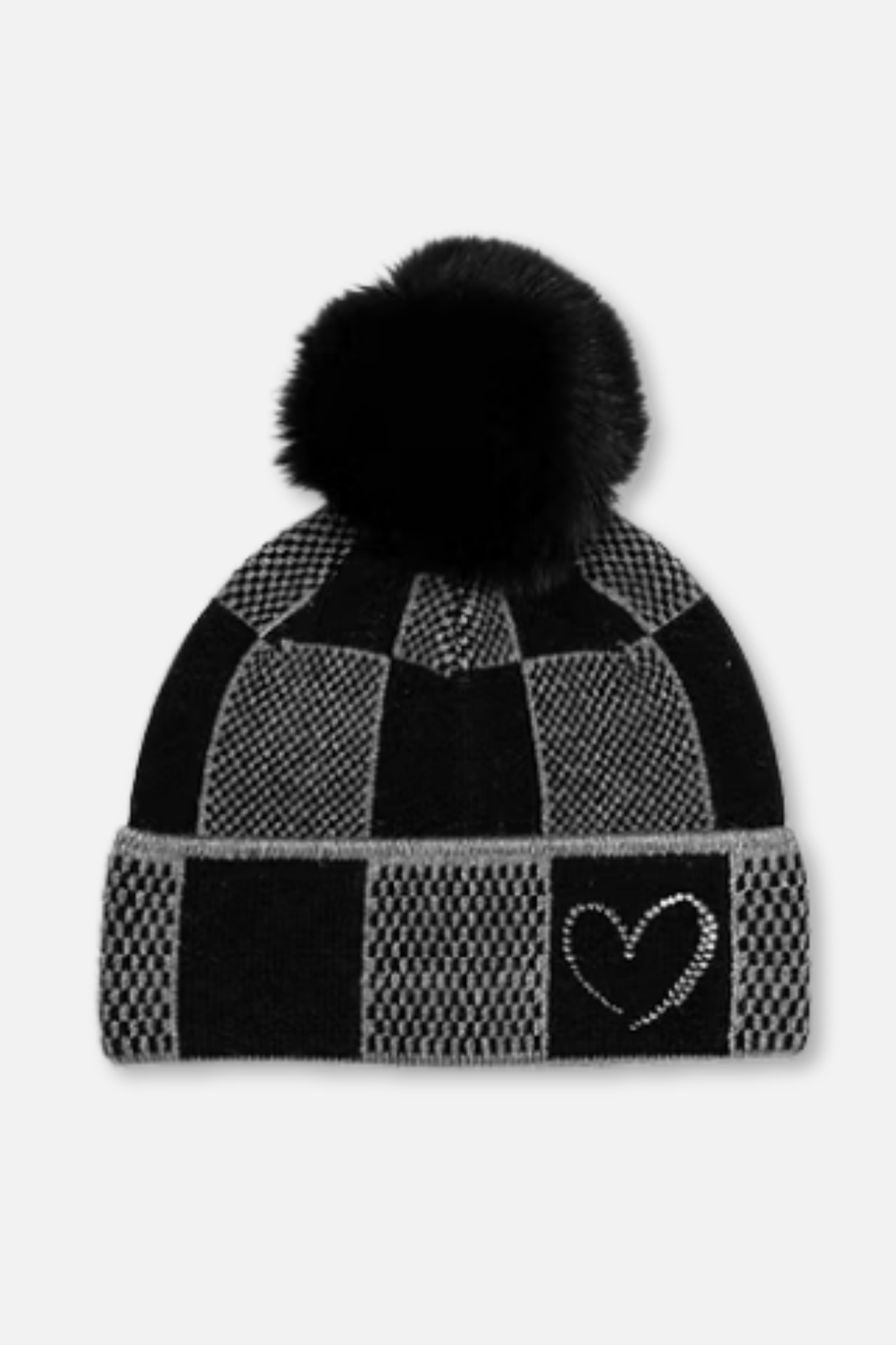 Checkered Rhinestone Heart Hat with Pom - Black Mix