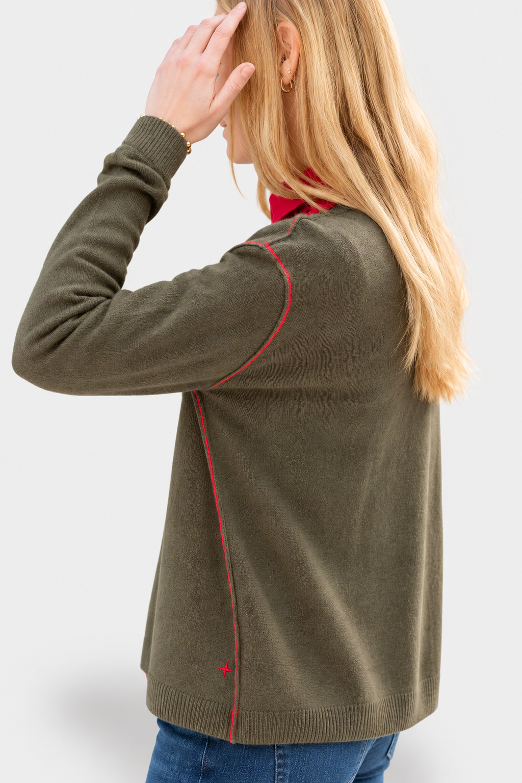 Roma Boyfriend Cashmere Sweater - Military Green & Lava