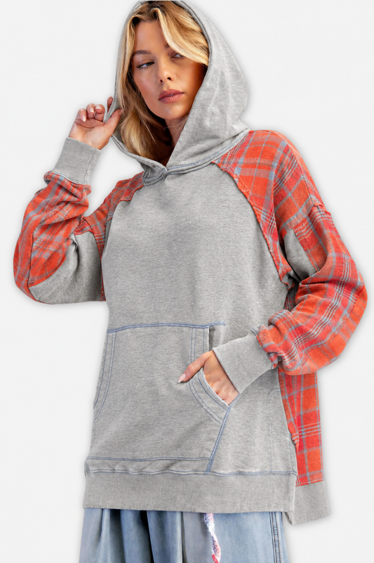 Plaid Mix Terry Hooded Pullover - Heather Gray