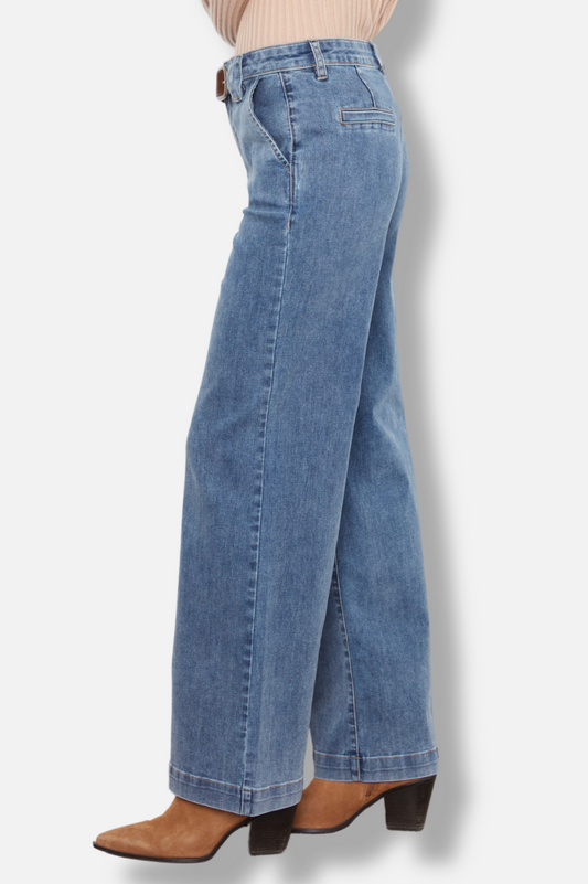 Belted Flare Pants - Denim Blue