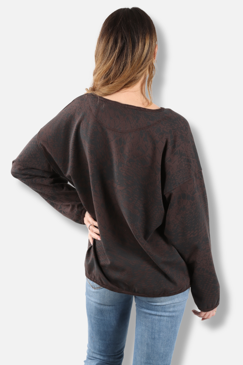 Stretch Terry Sweatshirt - Dark Chocolate Pebbles Print