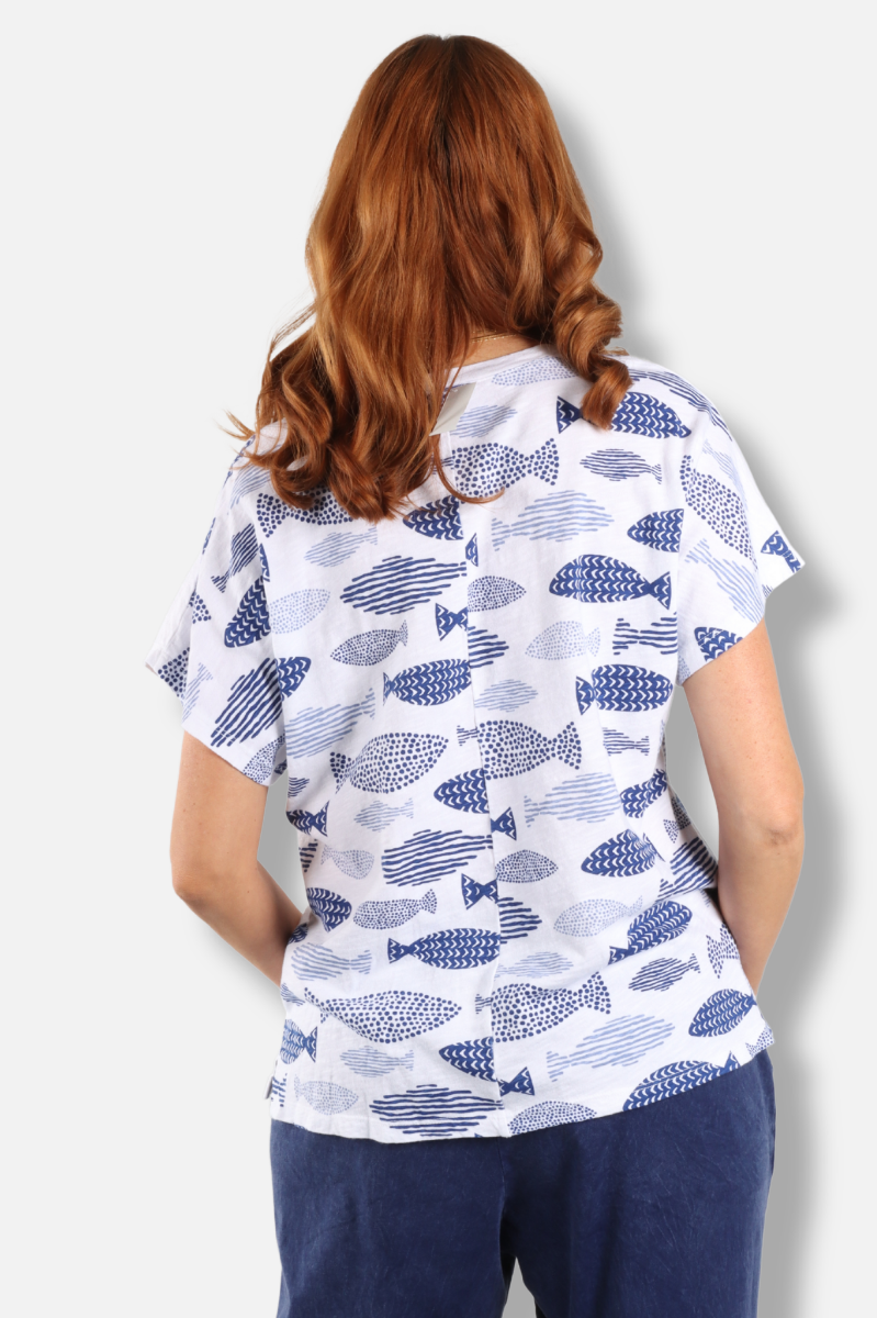 Short Sleeve Drift Top - White Finny Print