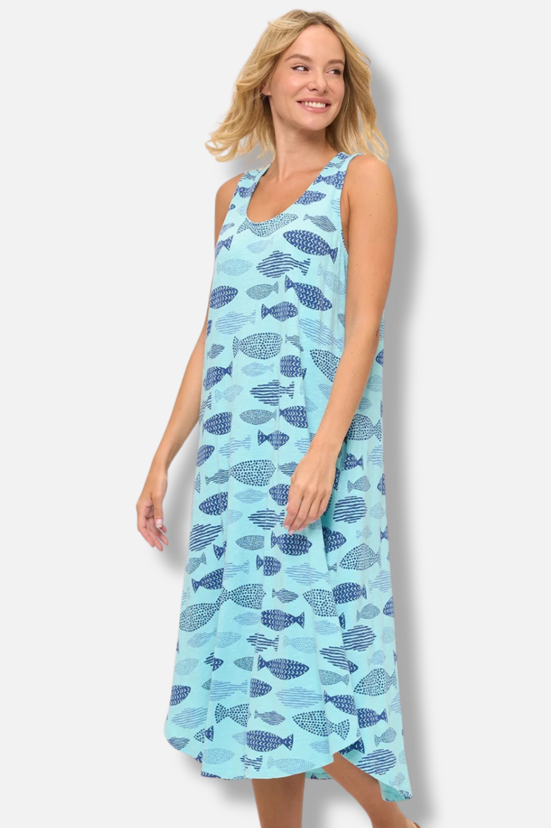 Long Pocket Tank Dress - Tidepool Finny Print