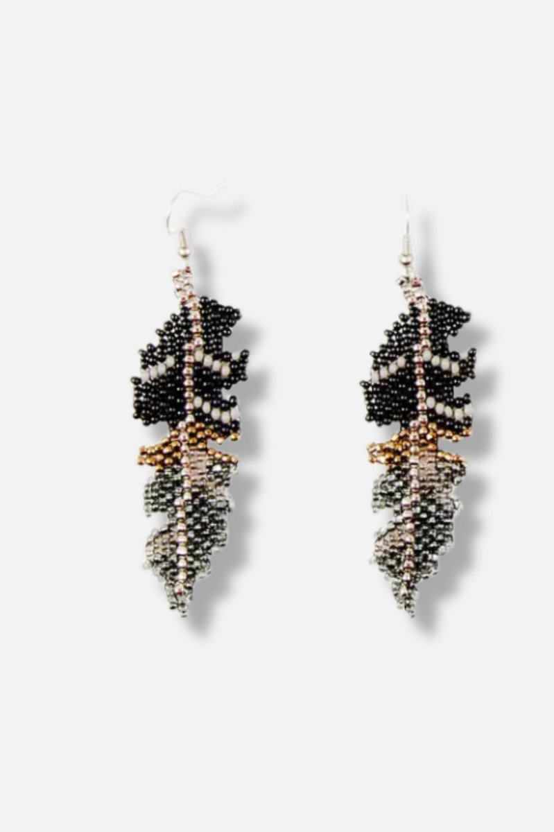 Beaded Feather Earrings - Smoke