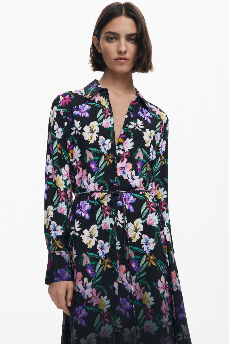Gradient Floral Shirt Dress - Black Multi