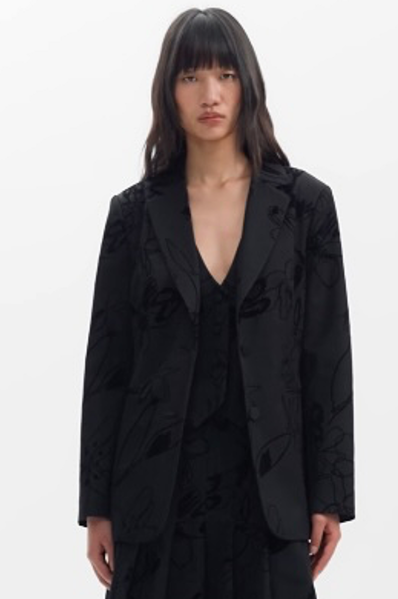 Flocked Floral Blazer - Black