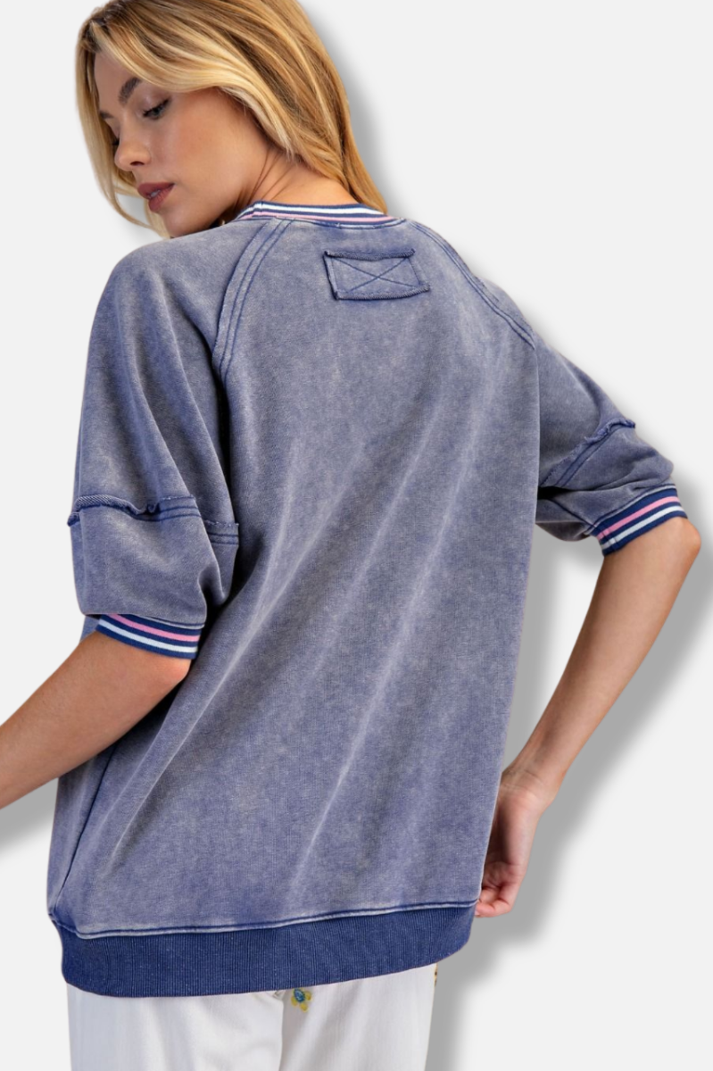 Washed Terry Banded Pullover - Denim
