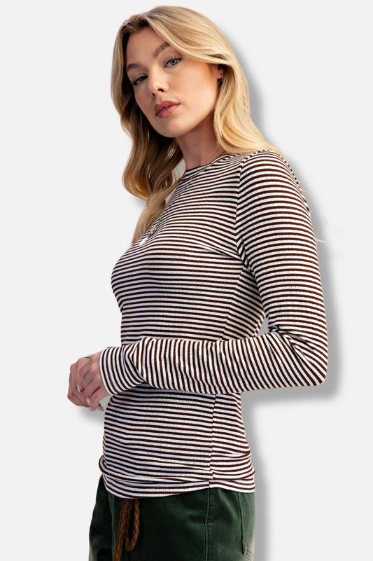 Stripe Rib Knit Top - Coffee