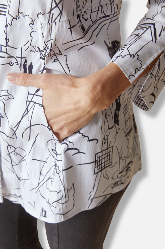 Hidden Placket Shirt - White Destination Print
