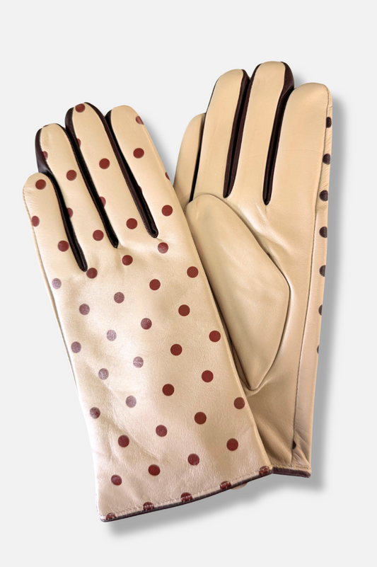 Nyla Dotted Leather Gloves - Beige & Brown