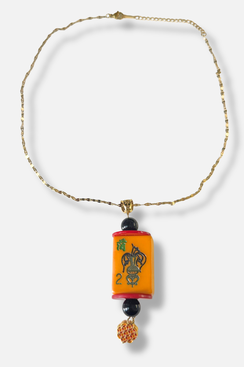 Vintage Bakelite Mah-Jongg Tile Necklace - Red Charm