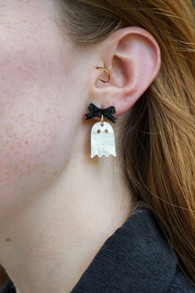 Mini Bow Ghost Earring - White