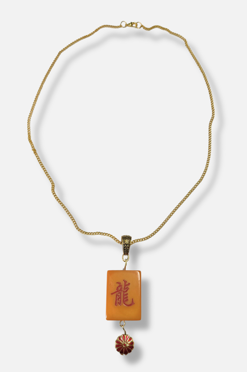 Vintage Bakelite Mah-Jongg Tile Necklace - Red Charm