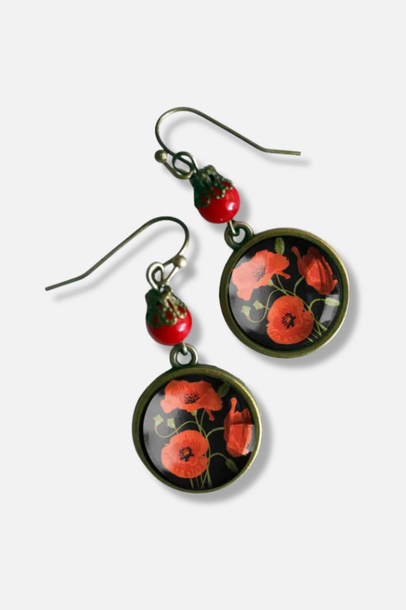 Glass Cabochon Earrings - Poppy Flower