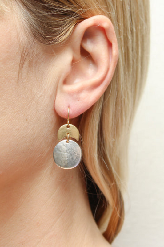 Crescent & Disc Wire Earring - Silver & Brass