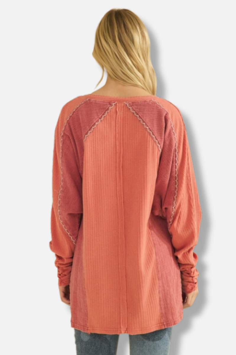Embroidered V-Neck - Rustic Red