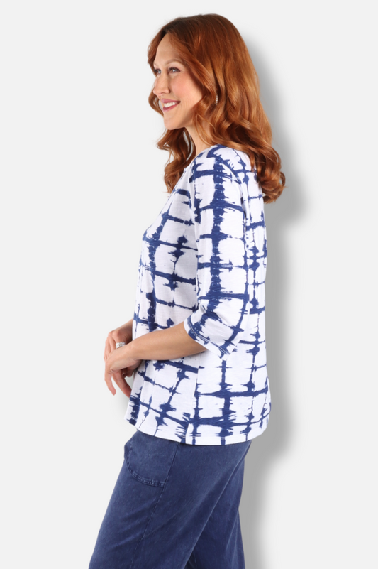3/4 Sleeve Boatneck - White Waterway Print