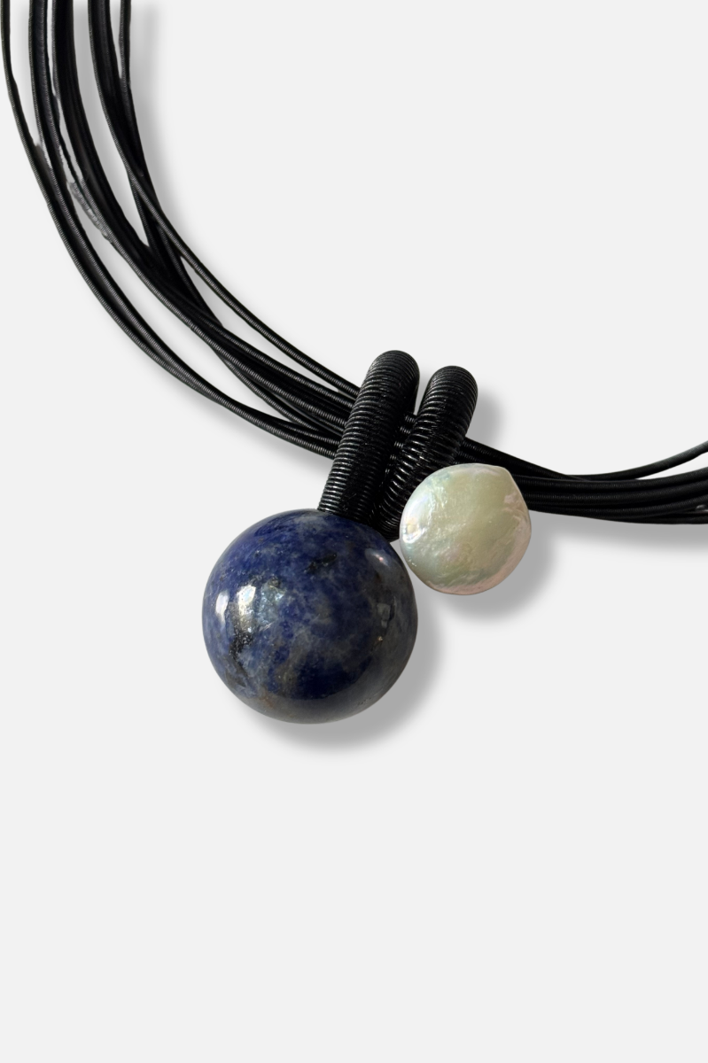 Stone And Coin Pearl Necklace - Navy