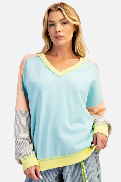 Colorblock V Pullover - Aqua