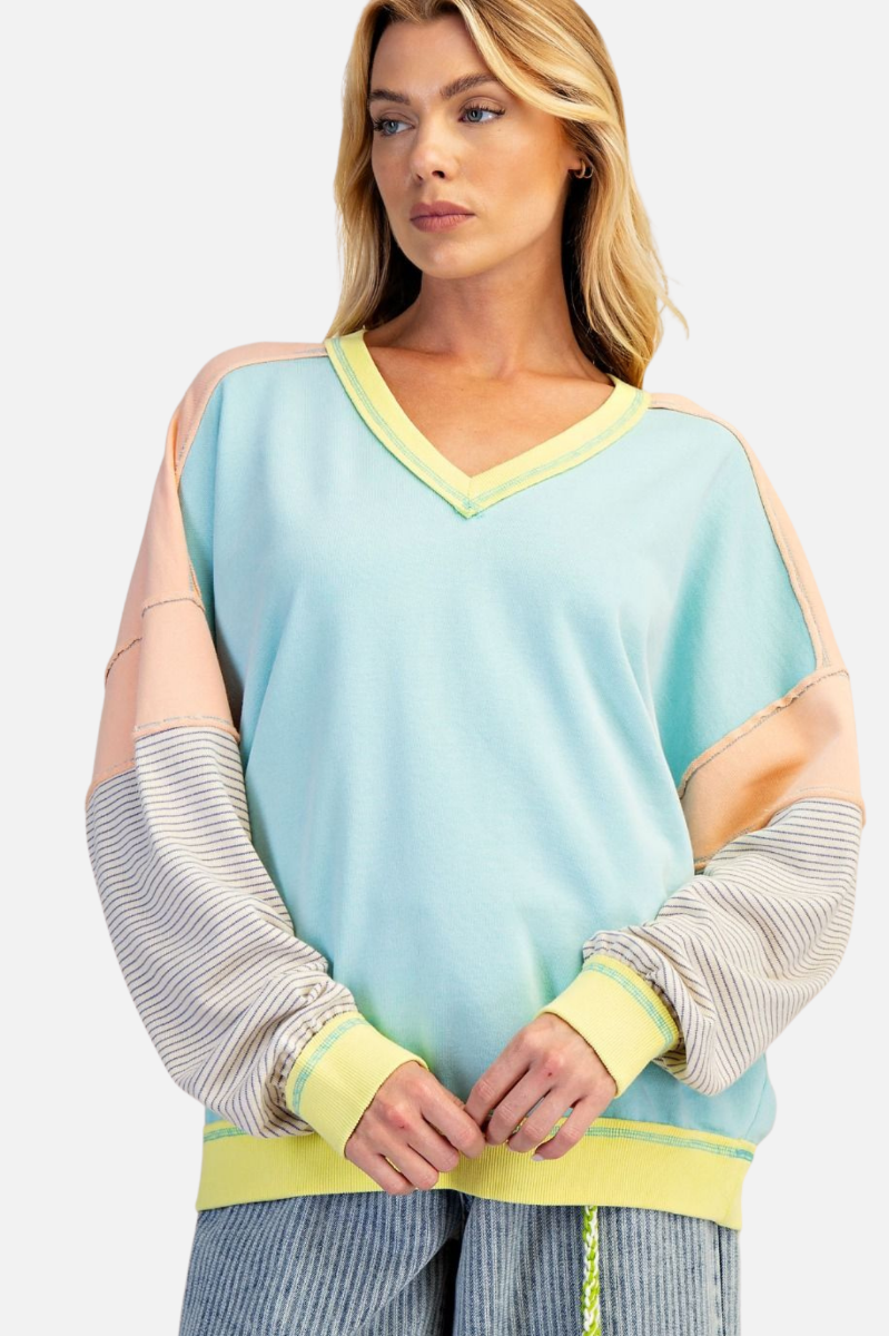 Colorblock V Pullover - Aqua