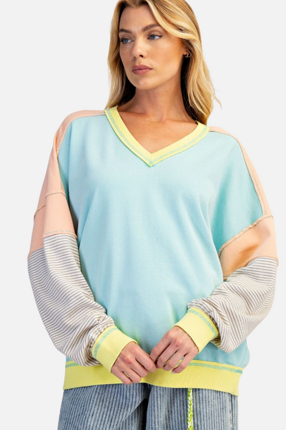 Colorblock V Pullover - Aqua