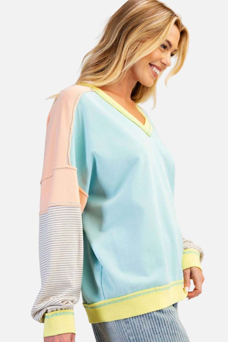 Colorblock V Pullover - Aqua