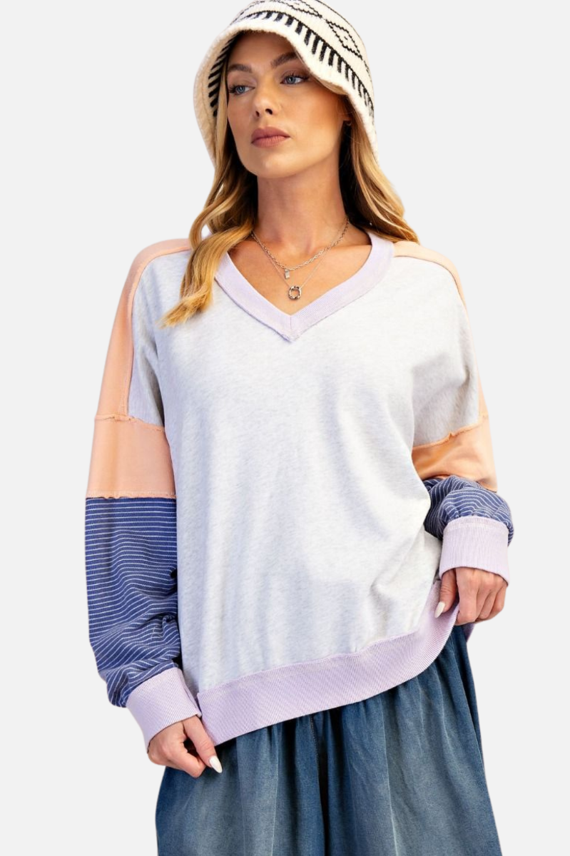 Colorblock V Pullover - Grey Peach