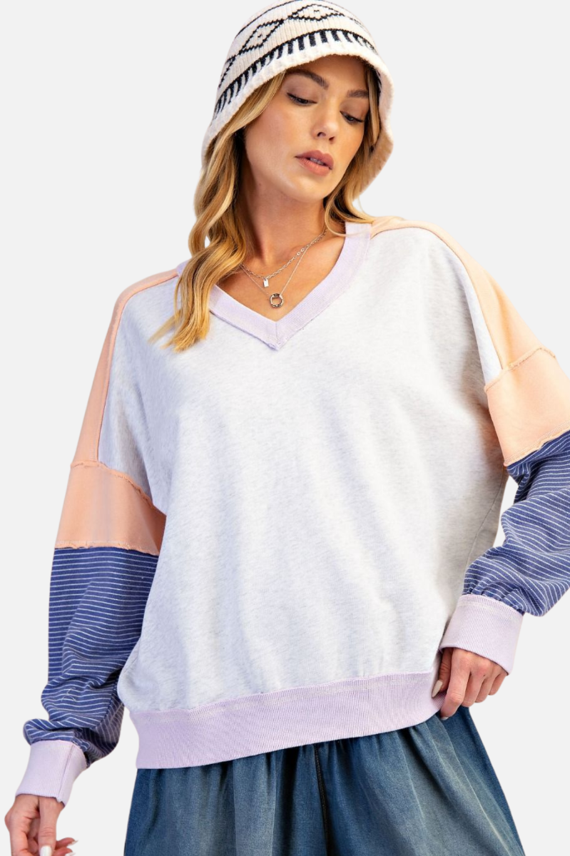 Colorblock V Pullover - Grey Peach