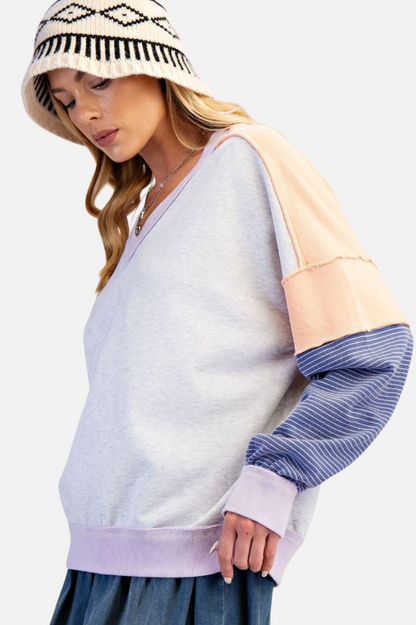 Colorblock V Pullover - Grey Peach