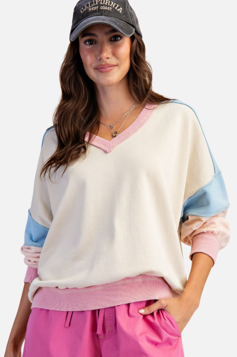 Colorblock V Pullover - Khaki Blue