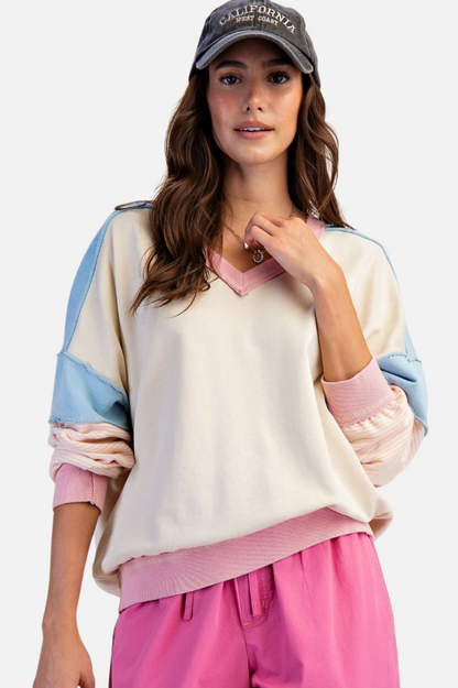 Colorblock V Pullover - Khaki Blue