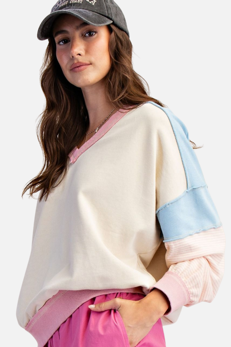 Colorblock V Pullover - Khaki Blue